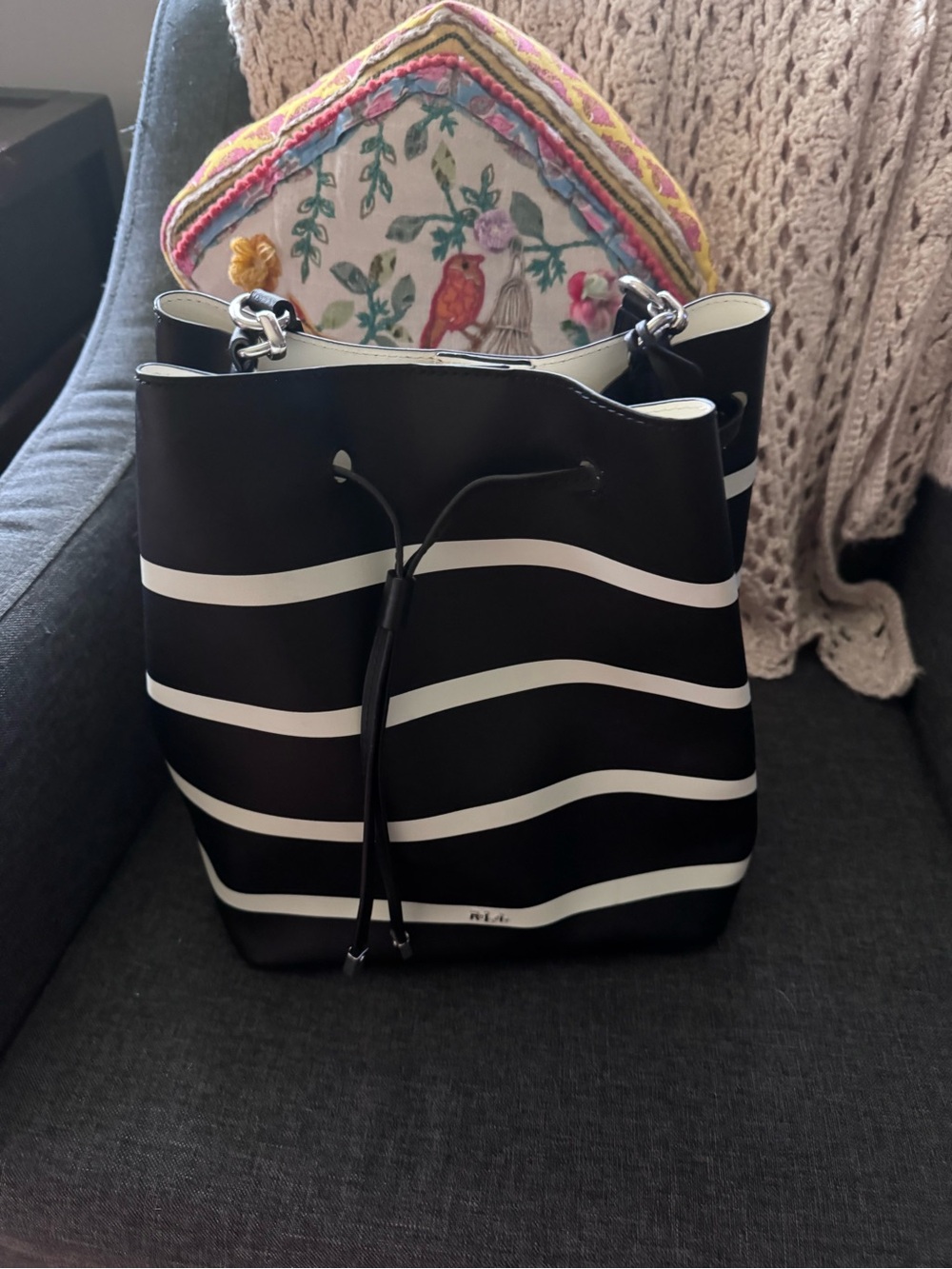 Ralph Lauren Black & White Striped Bucket Bag - Women - Picture 1 of 4